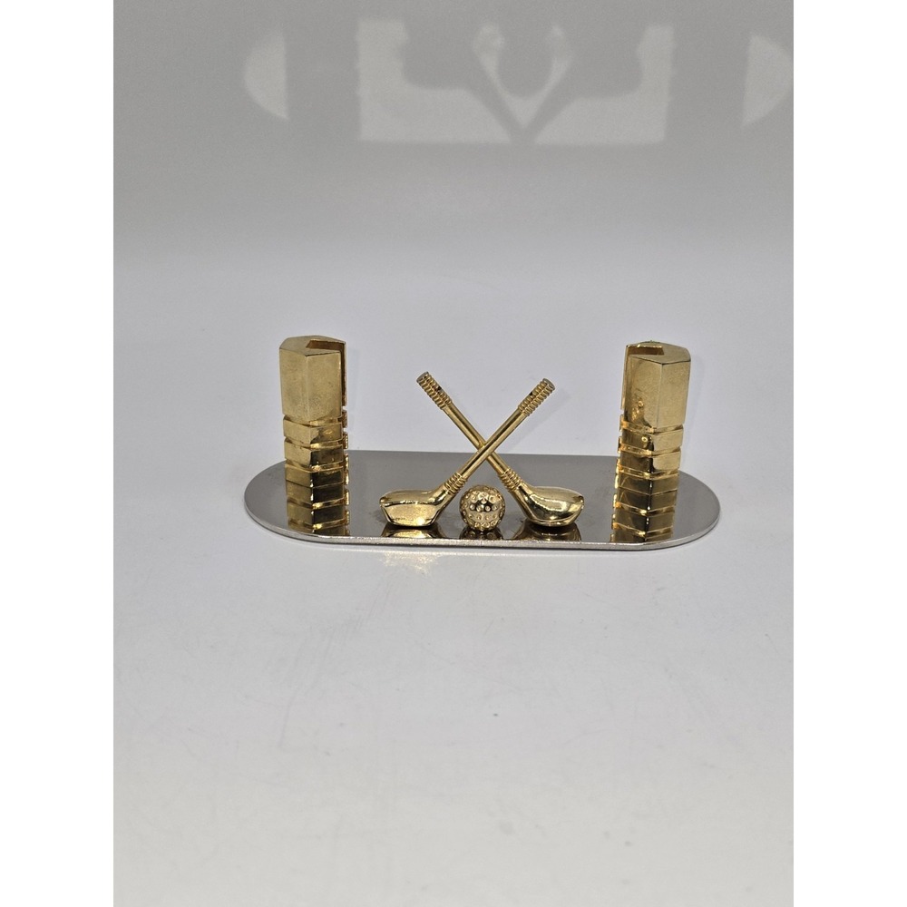 Vintage Brass Plated Golf Business Card Holder Chrome Tone Desk Accessory